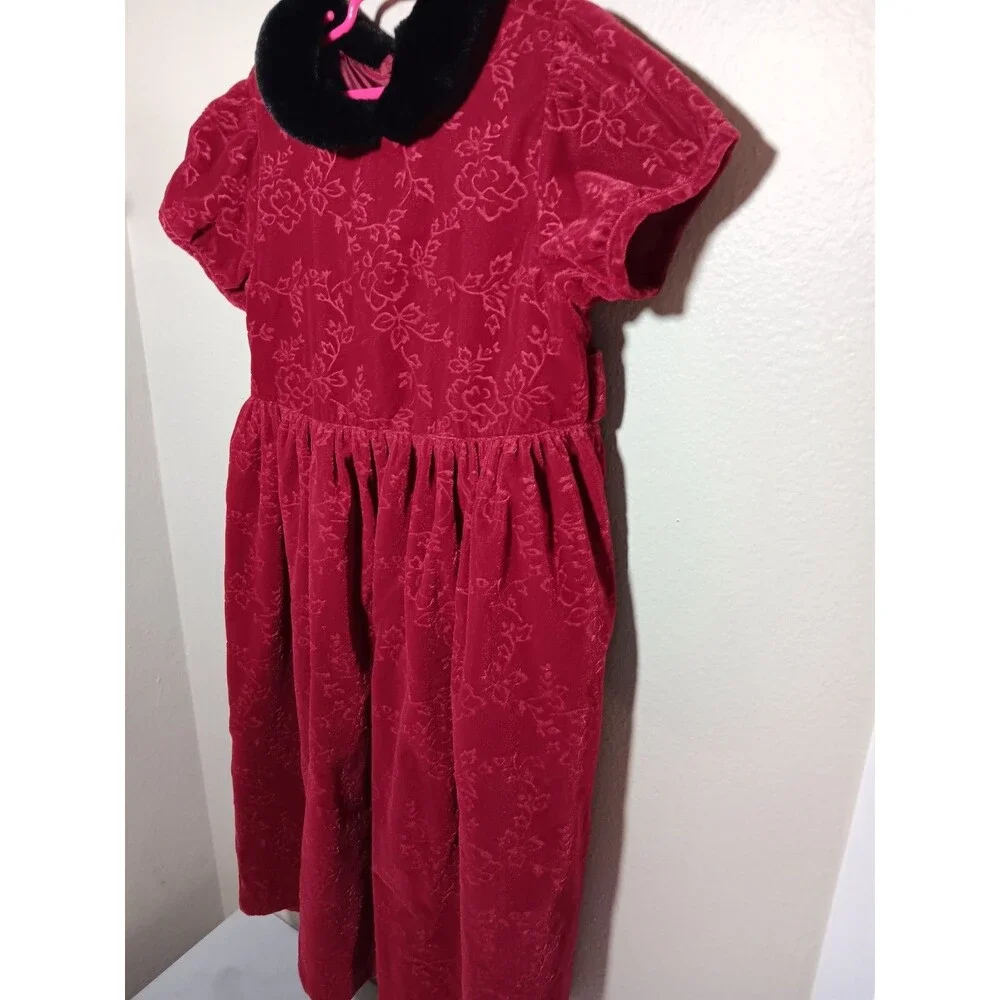 Gymboree Girls Red Crushed Velvet Dress with Faux-Fur Peter Pan Collar 3XL  8yrs
